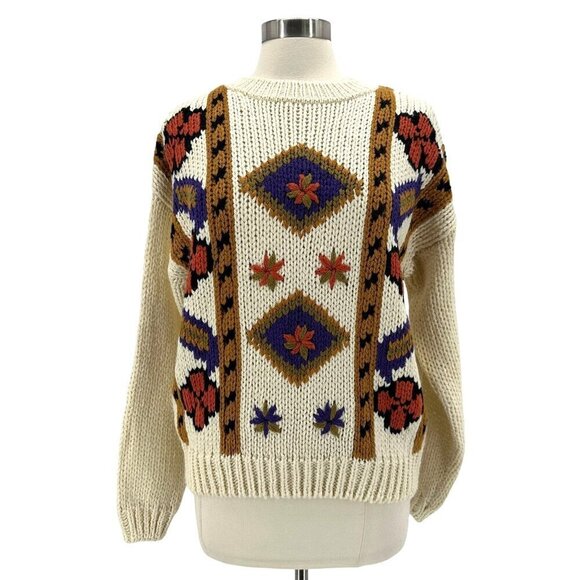 NWT Vintage Rafferty Handknit Floral Ivory Chunky Knit Sweater Womens Large - Picture 1 of 10
